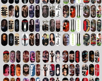 May include: Nail art decals with a horror and gothic theme. Designs include characters from "Beetlejuice," "The Addams Family," "The Crow," and "The Lost Boys." Some decals have text like "The Witches" and "Night of the Demons."