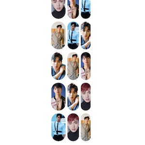 May include: A set of 12 nail stickers featuring a man with different hairstyles and outfits. The stickers are in various colors, including blue, red, and white.