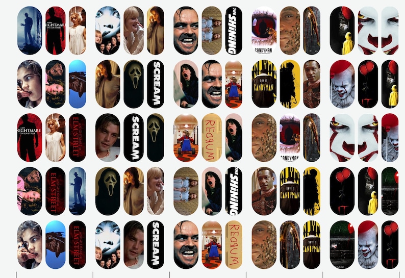 May include: Nail art decals with images from horror films. Designs include characters and scenes from "The Shining", "Scream", "Candyman", "Nightmare on Elm Street", and "It". The decals are oval-shaped and feature various colours.
