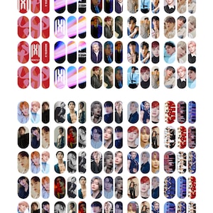以下が含まれることがあります： K-POPボーイズグループの画像がデザインされたネイルステッカー50枚セット。 ステッカーには、グループのロゴ、メンバーのソロ写真、グループ写真がデザインされています。 ステッカーは、赤、青、白など、さまざまな色があります。