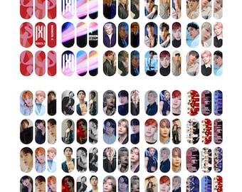 May include: A set of 50 nail stickers featuring images of a K-pop boy band. The stickers feature the band's logo, individual band members, and group photos. The stickers are in various colors, including red, blue, and white.