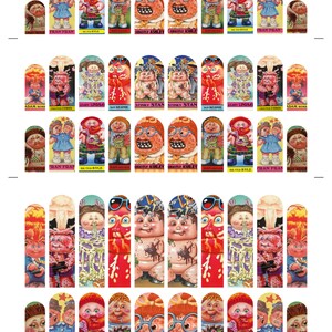 May include: A selection of Garbage Pail Kids trading cards, each depicting a cartoonish, grotesque character. The cards feature names such as "Stinky Stan" and "Ghastly Ashley". The cards are rectangular with a curved top.
