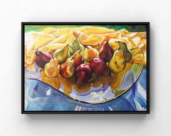 Pear Assortment, Fruit, Fabric, Glass Still Life Realism Oil Painting Giclee Art Print on Canvas