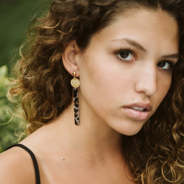 Leopard Print Acetate Drop Earrings: Chic Animal Print Bar Earrings, Lightweight Animal Print Earrings, Stylish Leopard Print Earrings