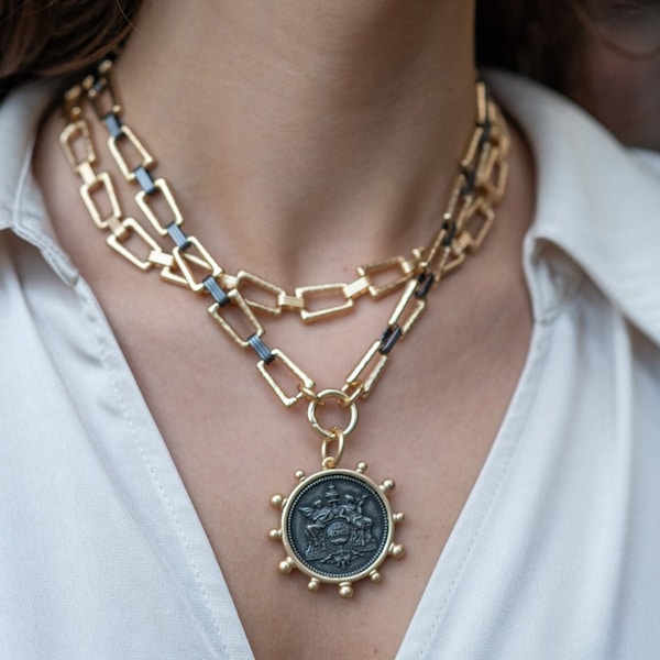 French Coin Pendant Necklace (matte gold, gunmetal) * textured matte gold chain necklace, mixed metal necklace, matte gold and gunmetal