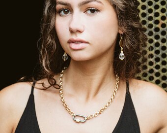 Matte Gold Rolo Chain Necklace: CZ Pave Screw Clasp