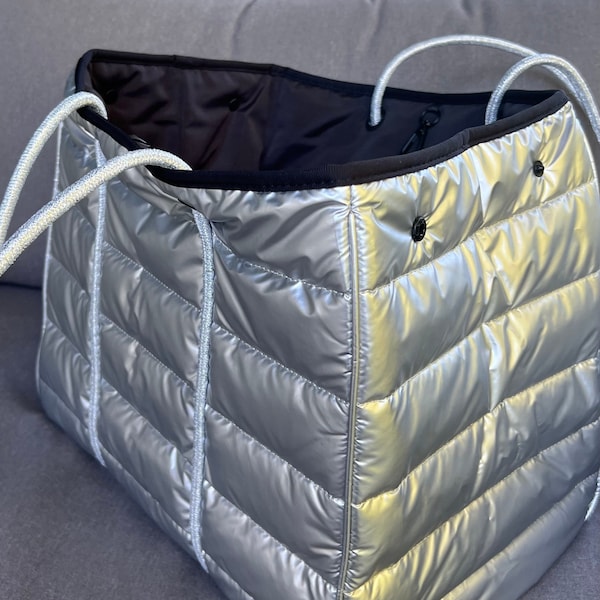 Silver Tote Bag * oversized silver puffer tote, puffer bag, laptop bag, silver gym bag, large everyday tote bag, tote bag