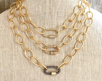 Gold Carabiner Clasp Necklace (pick your clasp): Modern Layering Jewelry, Gunmetal & CZ Screw Clasp Necklace, Gold Carabiner Clasp Necklace