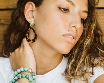 Tortoise Teardrop Earrings: Turquoise & Gold Acetate