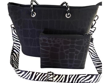 Black Neoprene Bag * black croc neoprene bag, neoprene zipper bag, black neoprene purse, travel tote bag, carry all bag, Mother's Day gift