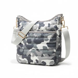 Gray Camo Puffer Messenger Bag: Lightweight Quilted Crossbody, Stylish Camo Puffer Bag, Lightweight Puffer Bag, Gray Camo Purse