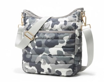 FAB! Gray Camo Puffer Bag: Lightweight Quilted Crossbody Bag, Camo Messenger Bag, Gray Camo Purse