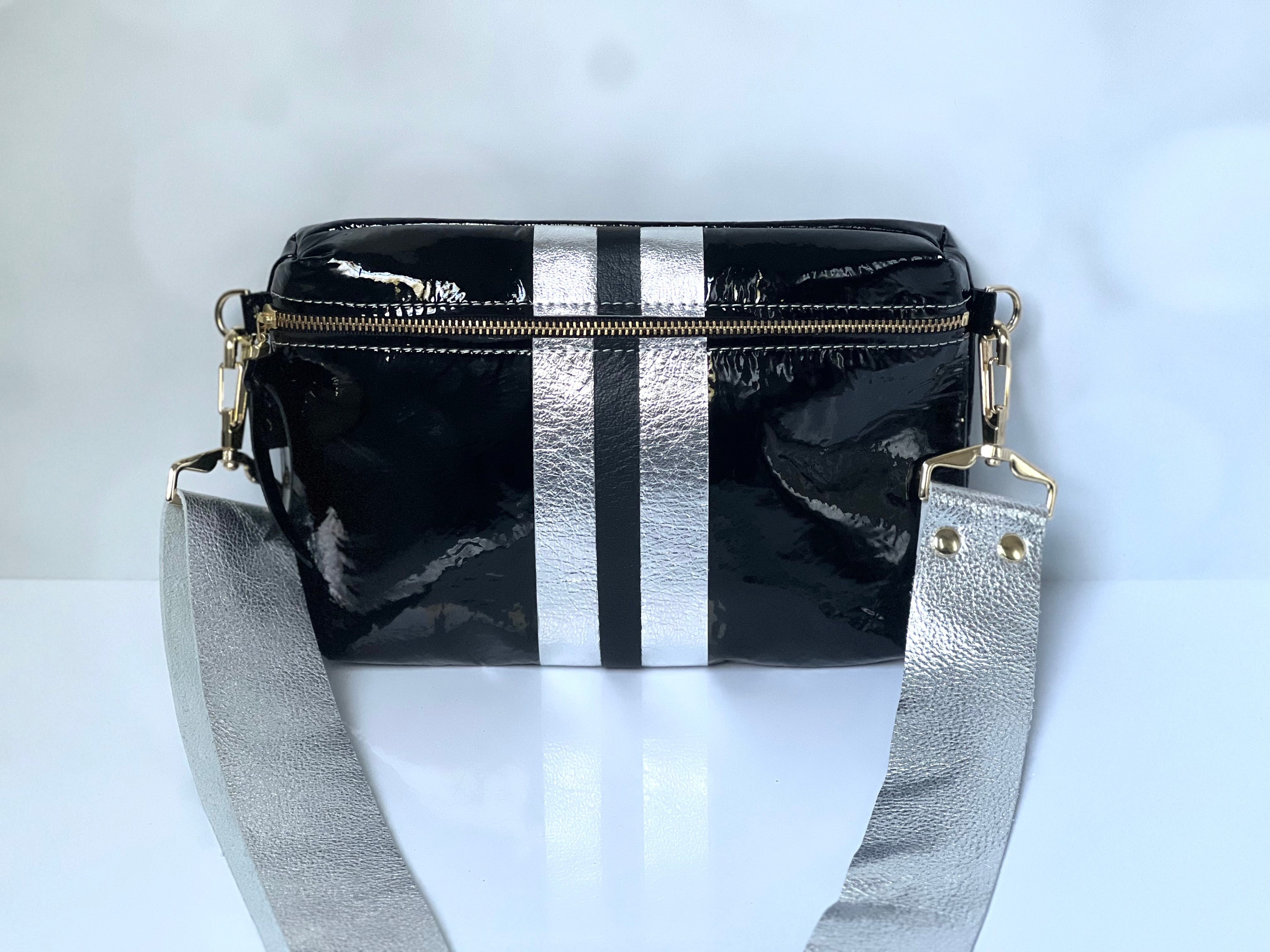 Black Patent Leather Crossbody Bag: Metallic Silver Stripe & Strap