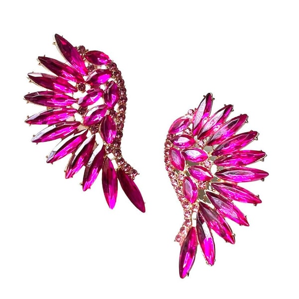 Rhinestone Angel Wing Earrings (pink, green, clear AB) * pink rhinestone statement earrings, rhinestone earrings, winged bridal earrings