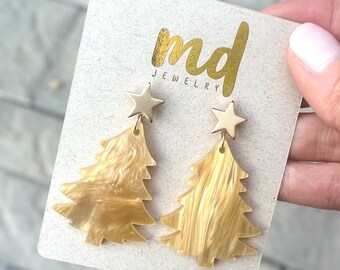 FAB Christmas Tree Earrings (pick your color): Holiday Party Earrings, gold Christmas Tree Earrings, colorful Christmas Tree Earrings