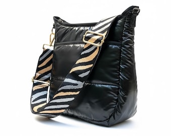 Black Quilted Puffer Bag: Adjustable Animal Print Strap, Stylish Puffer Bag, Lightweight Puffer Purse, Black Crossbody Bag, Gift for Her