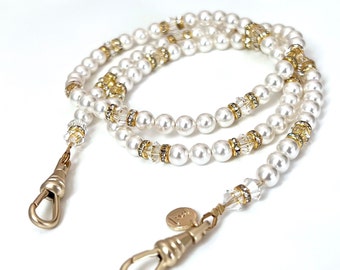 Swarovski Crystal & Pearl Mask Chain: Elegant Eyeglass Chain
