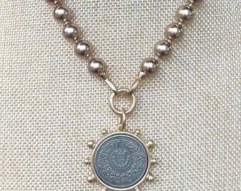 French Coin Pendant Necklace: Bronze Pearl Reproduction Coin