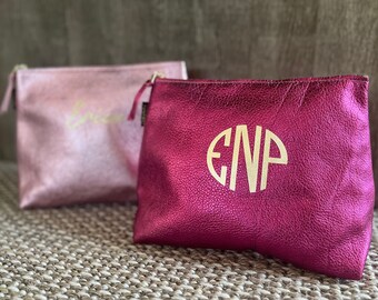 Personalized Metallic Leather Zipper Pouch: Custom Cosmetic Bag