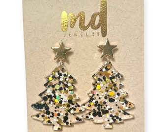 Christmas Tree Earrings (6 colors) * festive holiday earrings, confetti Christmas earrings, glitter tree earrings, holiday party earrings