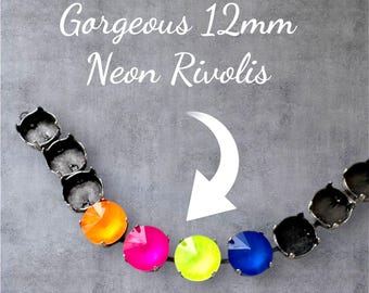 Neon 12mm Rivoli Crystals (pick your color): K9 Rivoli Crystals, 12mm Neon Rivoli Crystals, DIY Jewelry Making, Cup Chain 12mm Rivolis