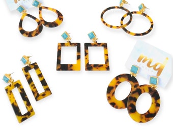 Tortoise Acrylic Earrings with Turquoise Posts: Teardrop, Hoop, Oval