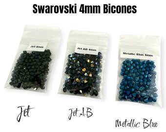 Swarovski Crystal 4mm Bicone Beads: Jet, Jet AB, Metallic Blue