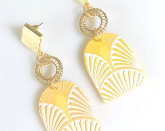 Golden Acrylic Vintage Style Earrings - Lightweight Earrings, Yellow Earrings, Yellow White Earrings