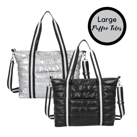 Large Puffer Tote Bag silver Black or Blue Stylish Tote Etsy