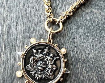 Gold Coin Pendant Necklace, Love N Hate Pendant, Gold  display picture 3