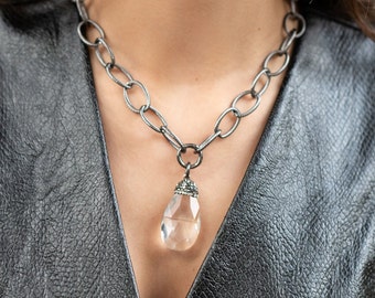 Gunmetal & Crystal Drop Necklace * gunmetal chain necklace, black chain necklace, crystal pendant necklace, dark chain necklace, gifts