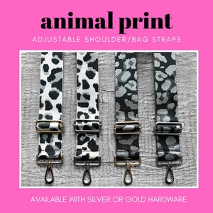 Puede incluir: Cuatro correas ajustables para el hombro o el bolso con un diseño de estampado animal en blanco y negro. Las correas tienen herrajes plateados u dorados.