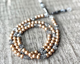 Gold Pearl & Swarovski Eyeglass Chain (gunmetal accents) - Elegant Eyeglass Chain, gunmetal and gold eyeglass chain, black and gold chain