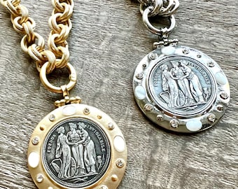Greek Goddess Coin Necklace (gold or silver): Mother of Pearl CZ Pendant, Statement Necklace, Mother’s Day Gift for Her, Goddess Gift