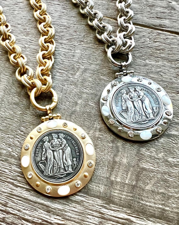 Greek Goddess Coin Necklace: Mother of Pearl CZ Pendant