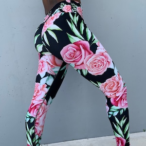 Rose Leggings | Yoga Pants | Women Tights | Colorful Bottoms | Gym | Capri Leggings | Plus Size | Youth | Floral Print