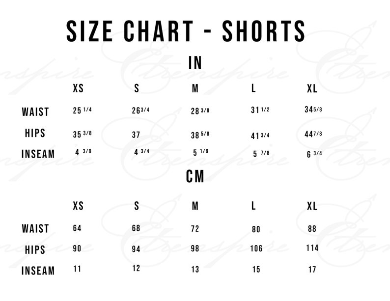 May include: Size chart for shorts in inches and centimeters. The chart shows waist, hips, and inseam measurements for sizes XS, S, M, L, and XL.