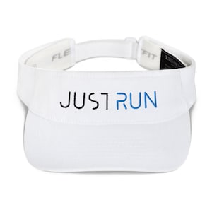 May include: White visor with a black and blue embroidered logo that says "JUST RUN".