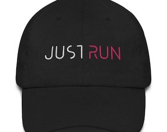 May include: Black baseball cap with white and pink embroidered text that reads "JUST RUN".