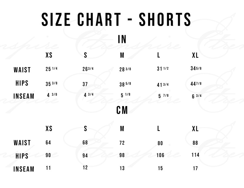 May include: A size chart for shorts, with measurements in inches and centimeters. The chart includes waist, hips, and inseam measurements for sizes XS to XL. The text "SIZE CHART - SHORTS" is at the top.