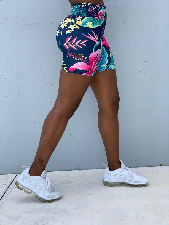 Tropical Floral Biker Shorts Women's Workout Activewear High Waist Gym 