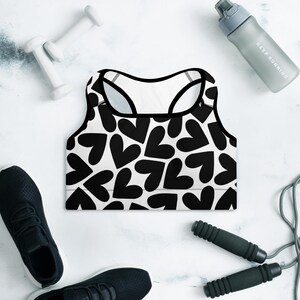 Strong and Supportive Classic Sports Bra | White and Black Hearts