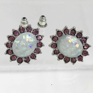 Oval Faux Opalite Stud Earrings - Pink rhinestone earrings - silver opalite earrings - halo earrings