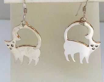 925 Sterling Silver Cat Dangle Drop Earrings - halloween - black cat