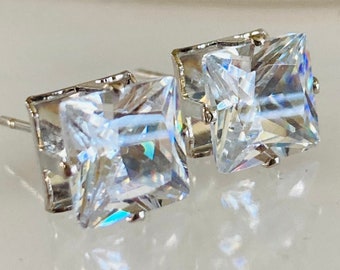 Square Cubic Zirconia Stud Earrings - Clear Crystal Stud Earrings - CZ Stud Earrings