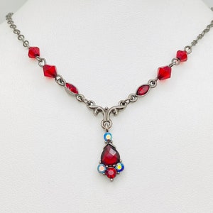 1928 JEWELRY Red Rhinestone Gunmetal Tone Y Necklace - Victorian style necklace