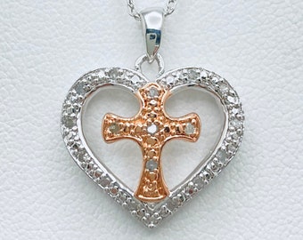 925 Sterling Silver Heart and Cross Pendant - diamond accent .10 carat