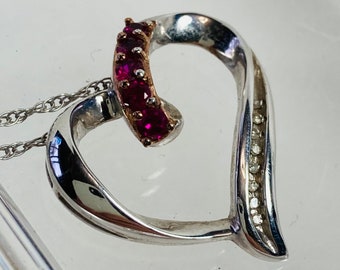 Ruby & CZ Sterling Silver Heart Pendant – 18 Inch Chain