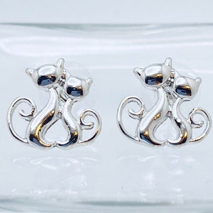 Silver Tone Cat Stud Earrings