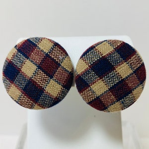 Burgundy and Navy Tartan Earrings - Plaid Earrings - Fabric Earrings - Large Round Plaid Earrings